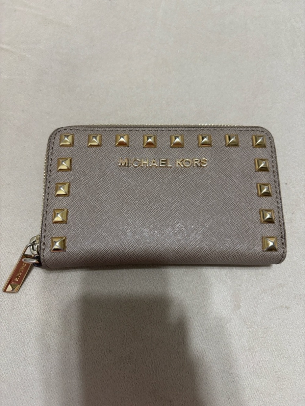Michael Kors Taupe Saffiano Leather Zip Wallet with Gold Studs